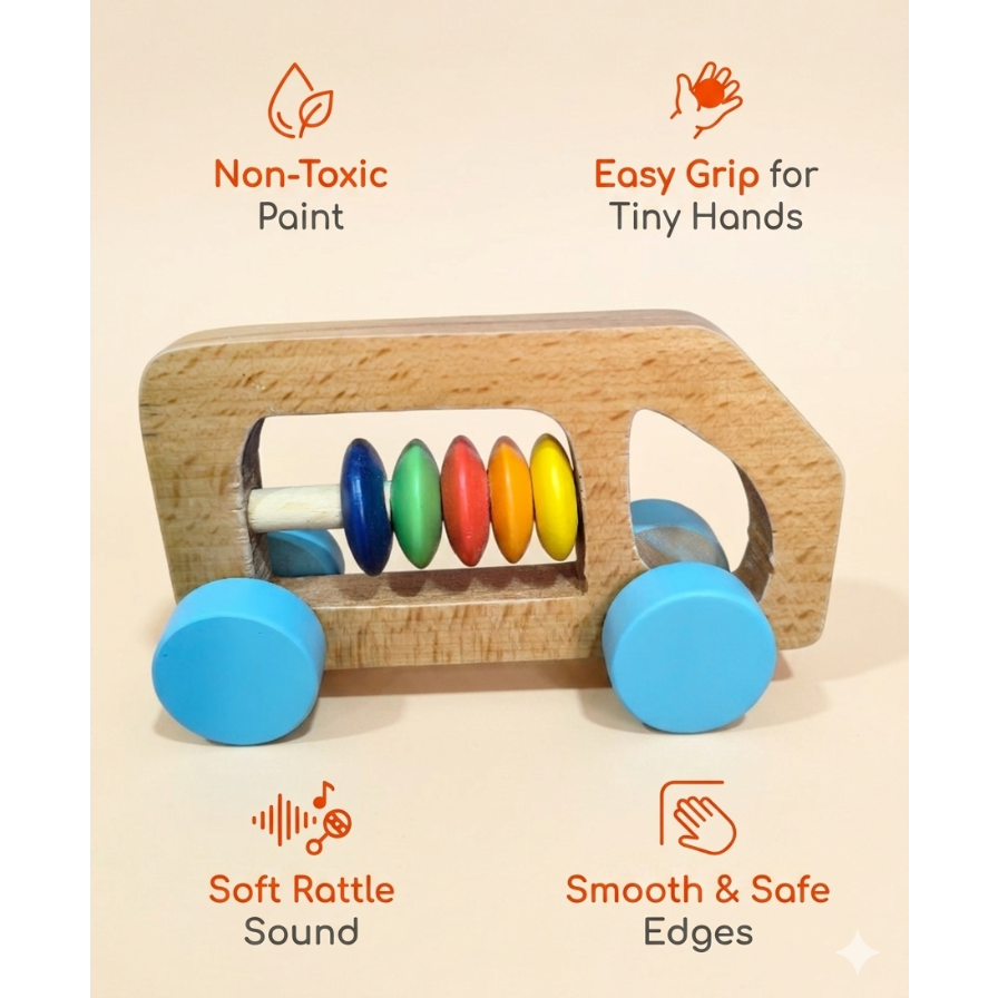 Wooden Bus Rattle – Blue | Baby Sensory & Teething Toy