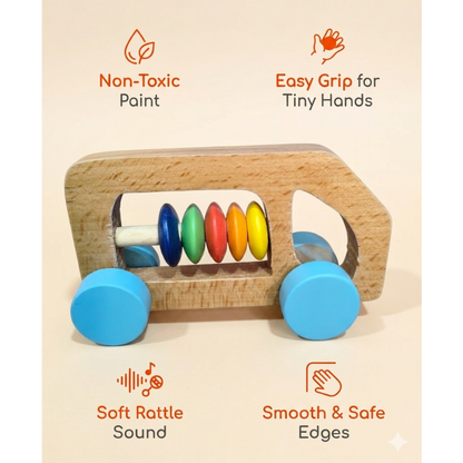 Wooden Bus Rattle – Blue | Baby Sensory & Teething Toy