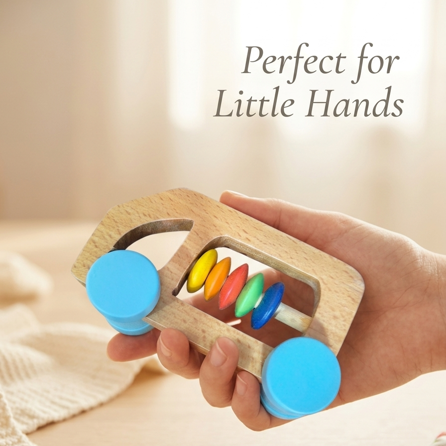 Wooden Bus Rattle – Blue | Baby Sensory & Teething Toy