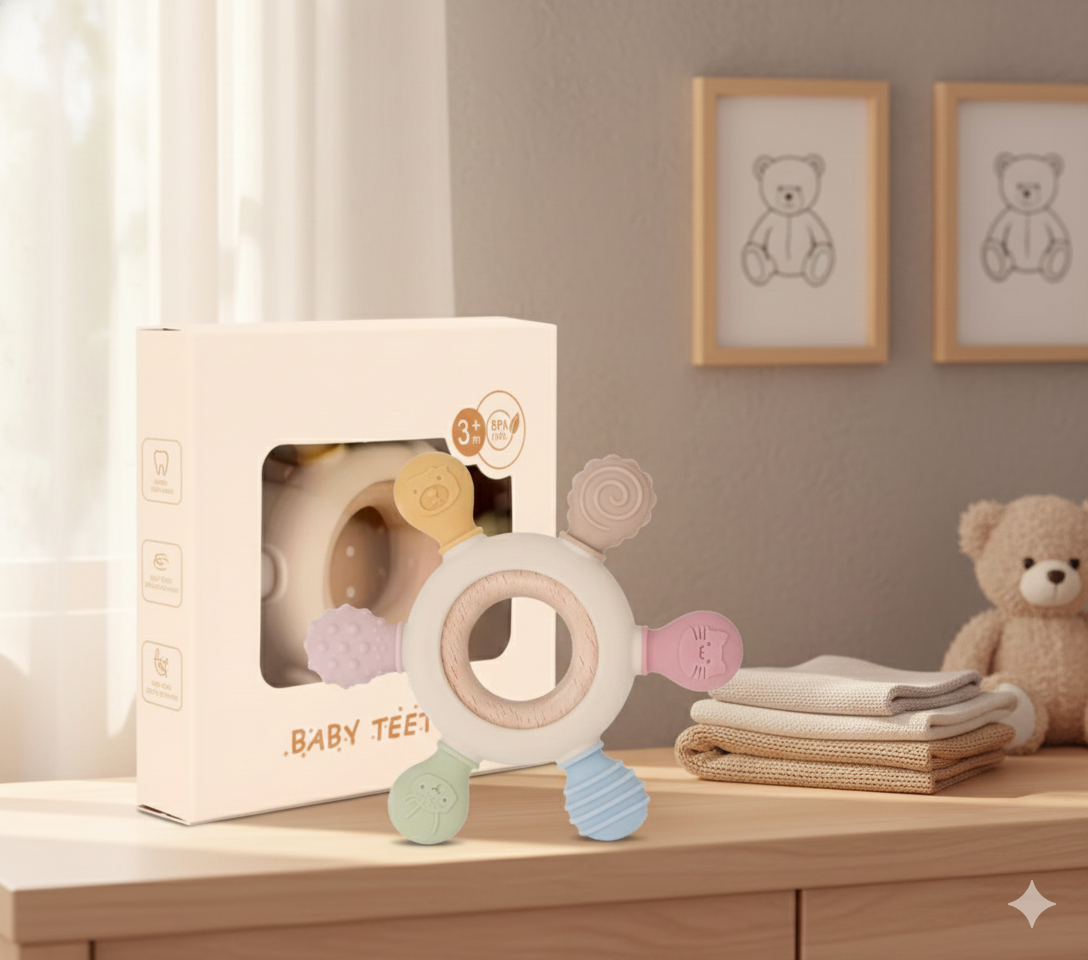 Baby teething ring with packaging on a wooden surface, surrounded by teddy bears and framed pictures.