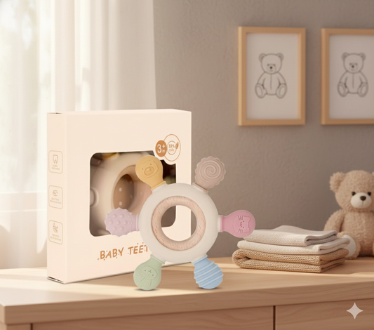 Baby teething ring with packaging on a wooden surface, surrounded by teddy bears and framed pictures.