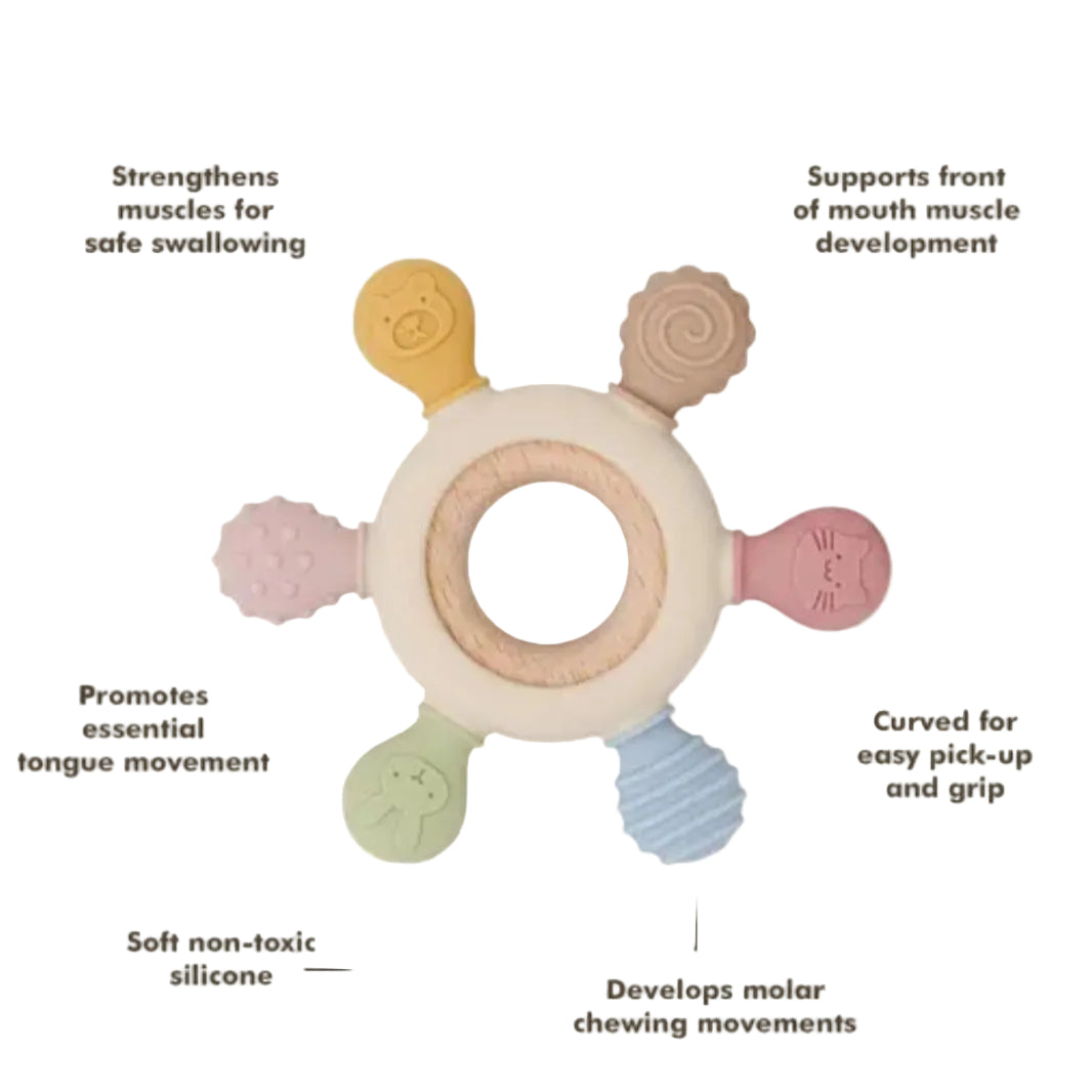 Bebeburp teether with text highlighting its benefits on a white background