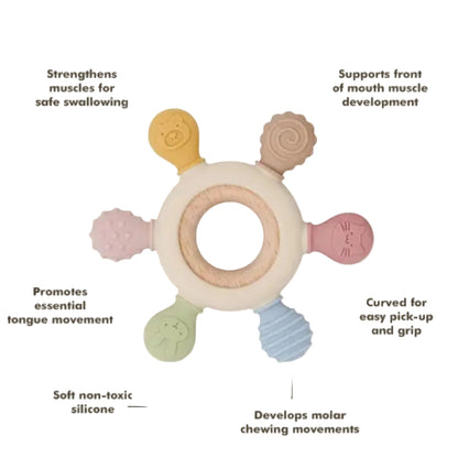 Bebeburp teether with text highlighting its benefits on a white background