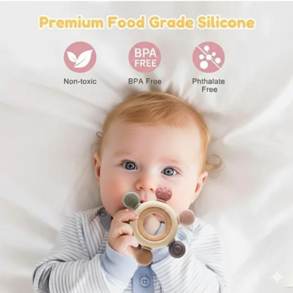 Soft Touch Silicone & Wooden Teether Rattle (0–12 Months)
